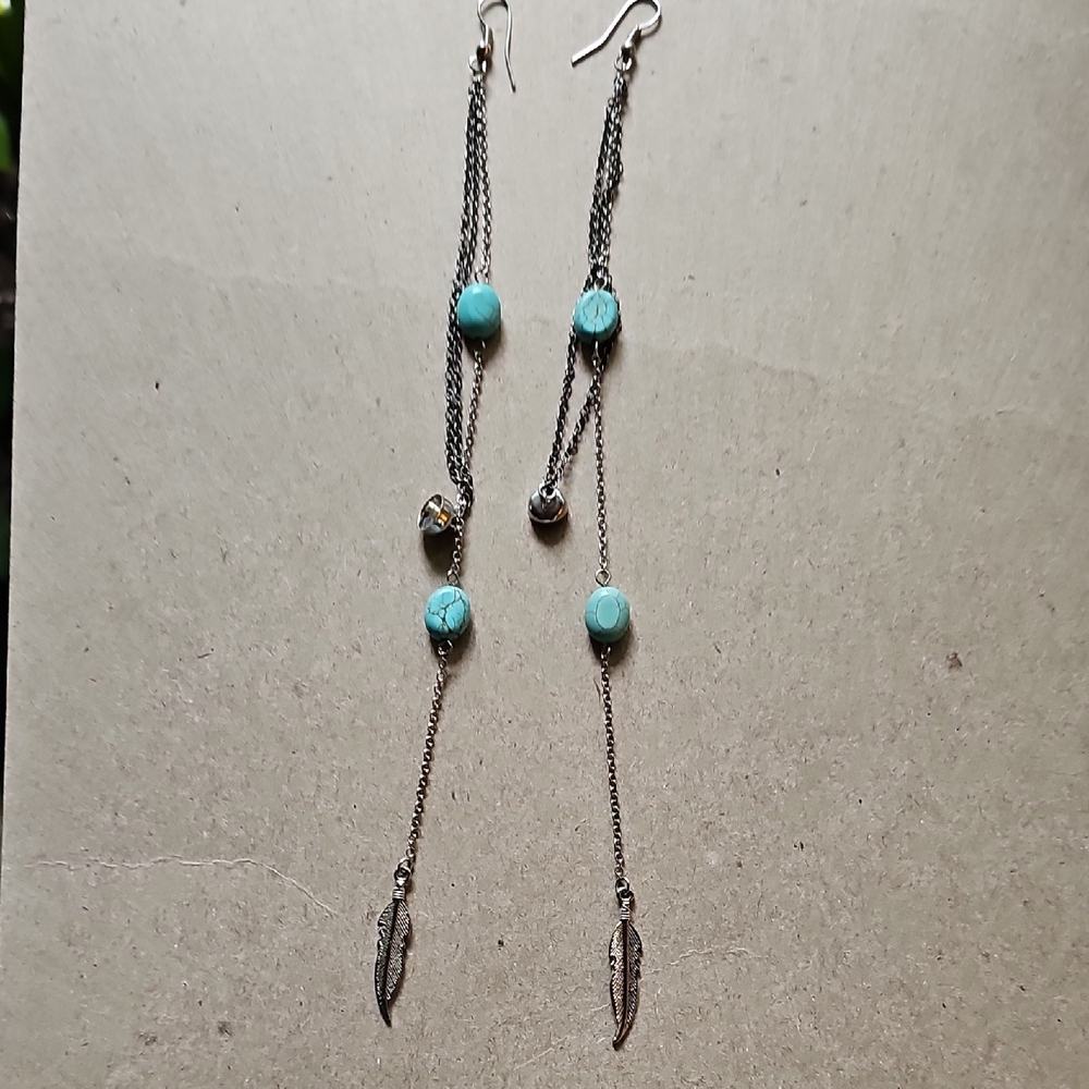 Turquoise and Silver Feather Dangle Earrings